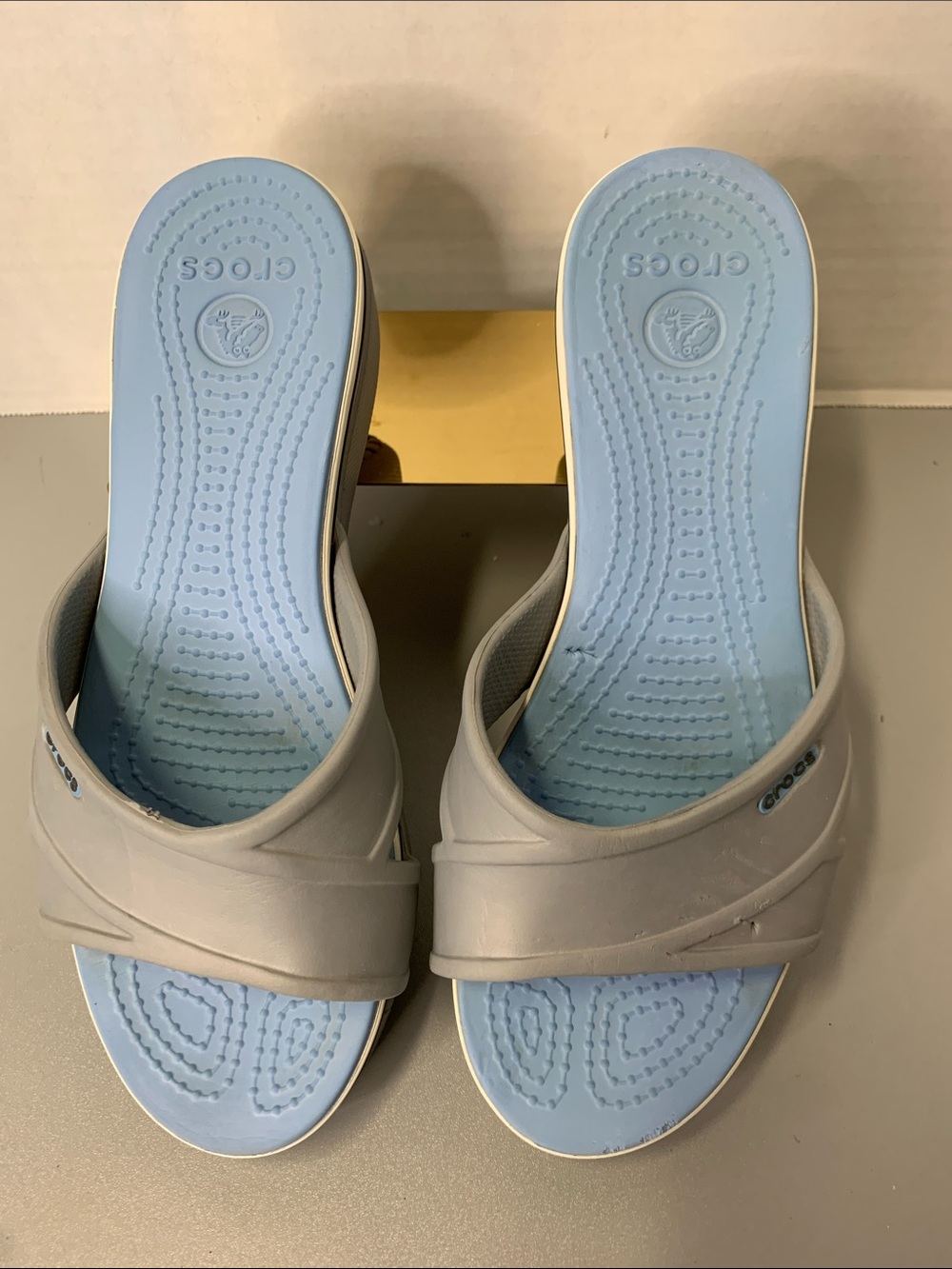 CROCS Cyprus 2 Two-Tone Slide Wedge Sandals in Light Blue and Gray Size 7